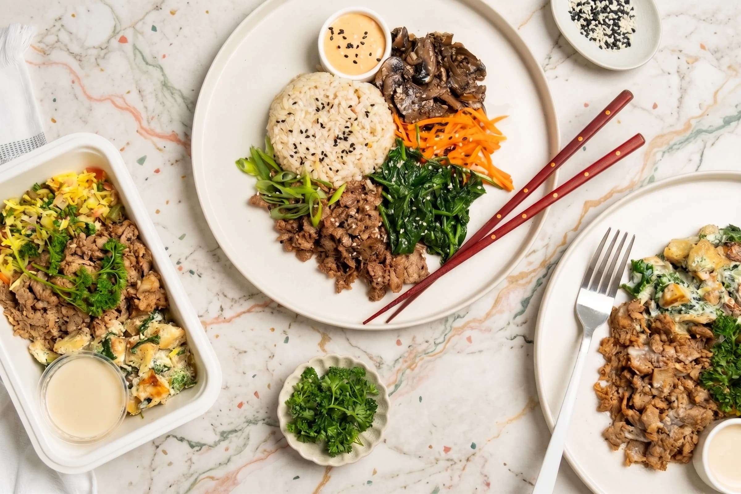BetterDay meals from above on a marble table, a plate of rice, greens, carrots and mushrooms with chopsticks beside a filled meal tray and a second plate