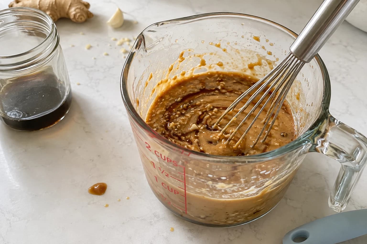 Peanut stir-fry sauce being whisked in a glass measuring jug on a working kitchen counter