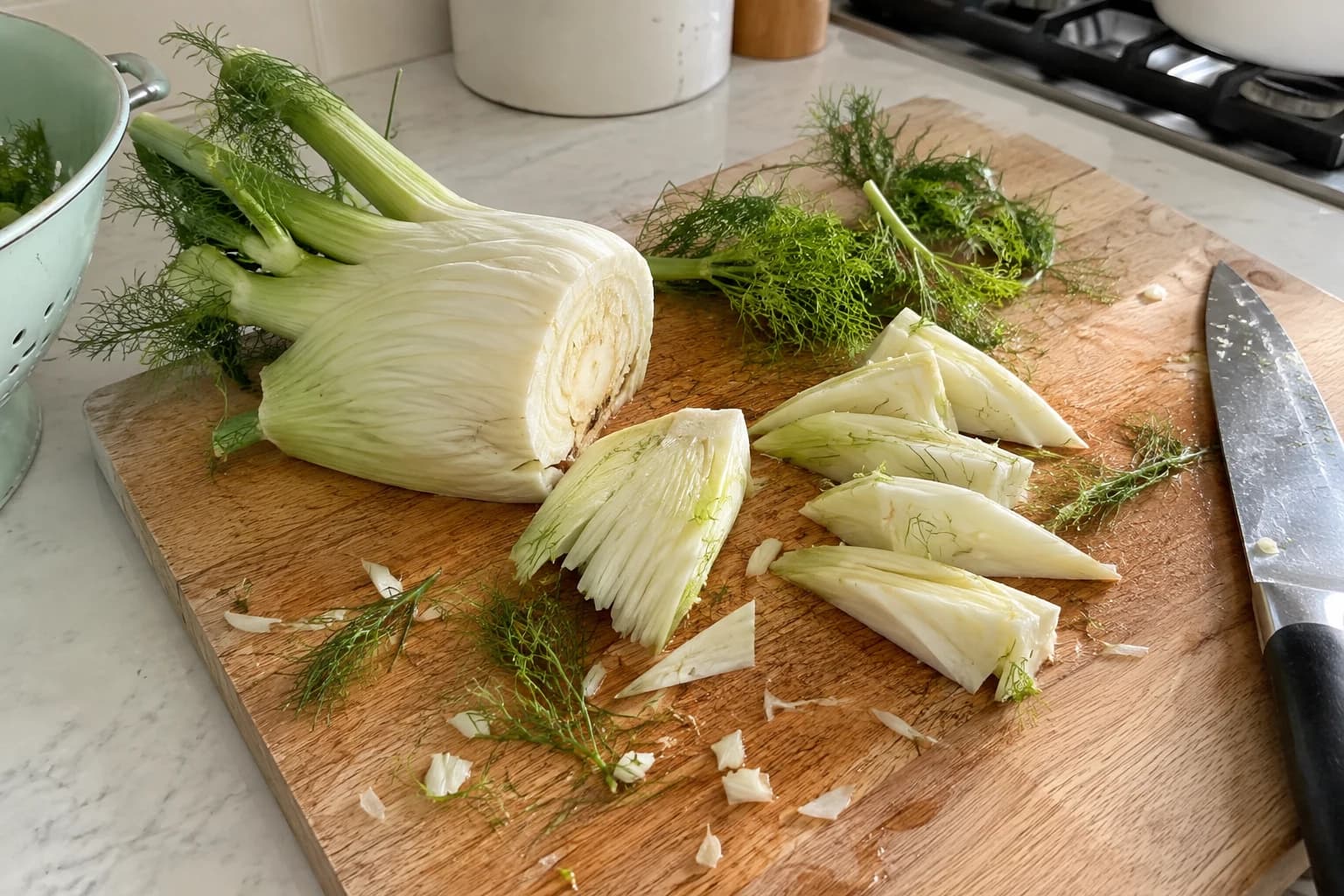 A full fennel bulb halfway through being cut into wedges on a used cutting board