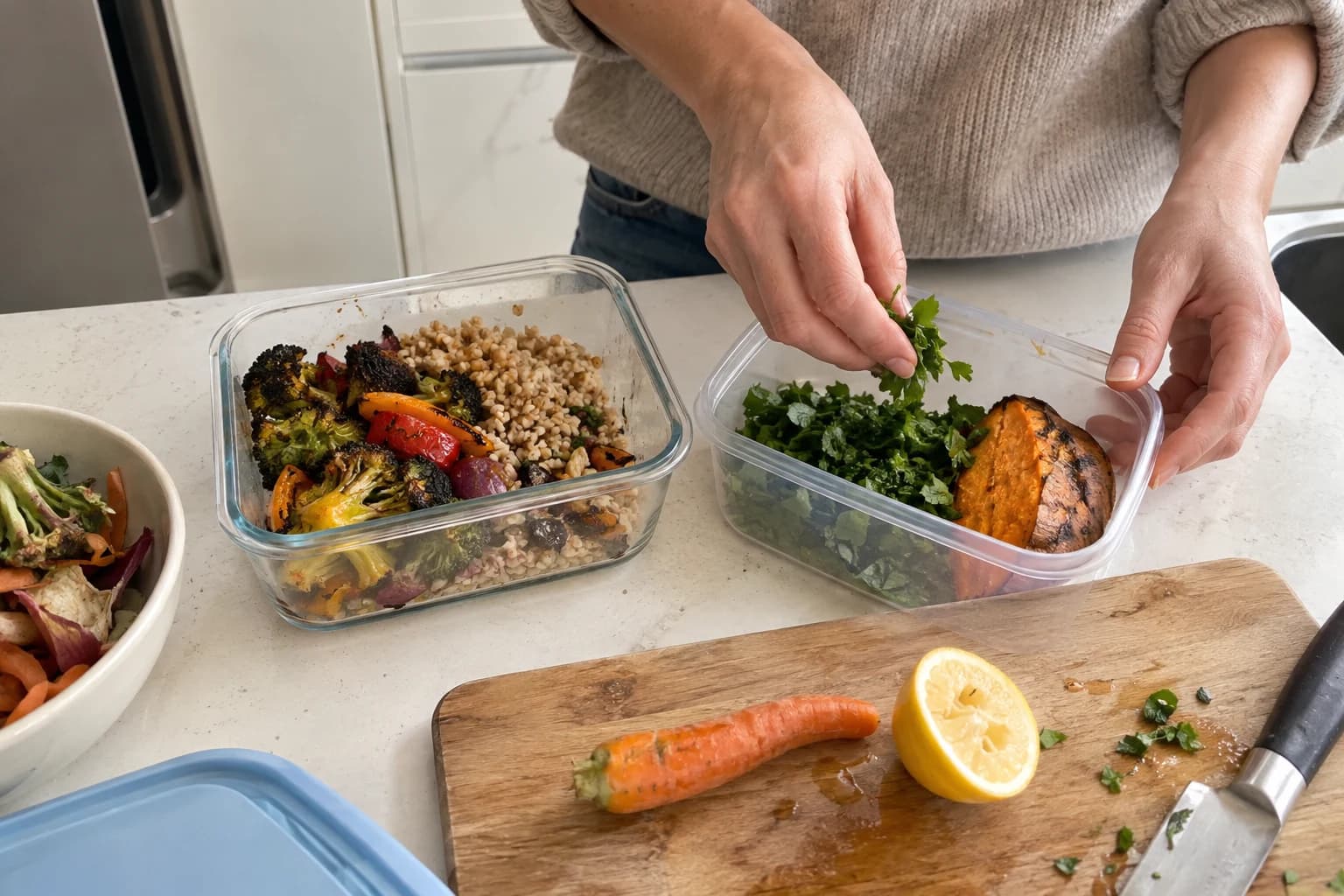 Leftovers and usable produce being sorted into mismatched storage containers beside a small bowl of scraps
