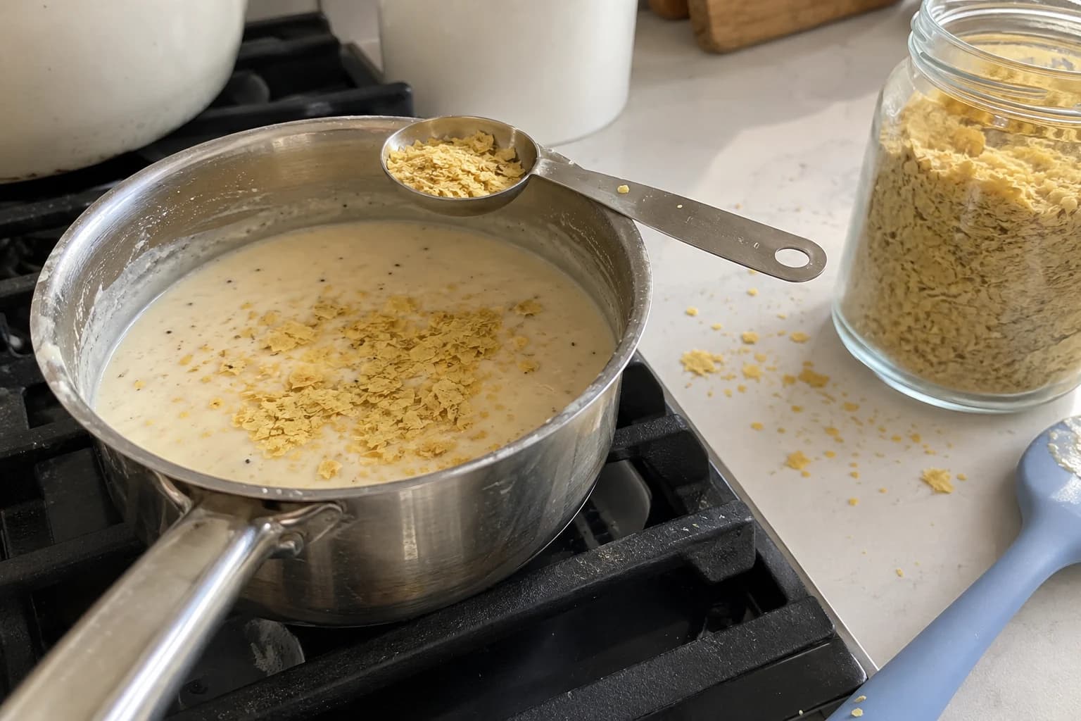 Nutritional yeast being added to a small saucepan of creamy sauce