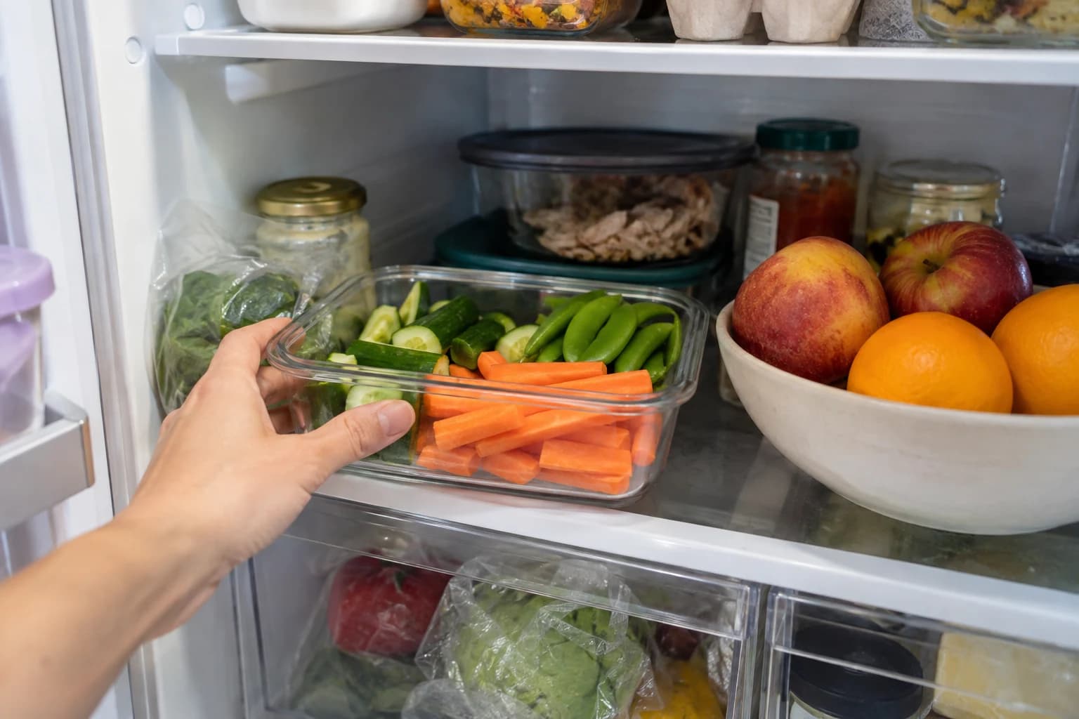 A hand reaching for a clear container of prepared vegetables at the front of a lived-in fridge