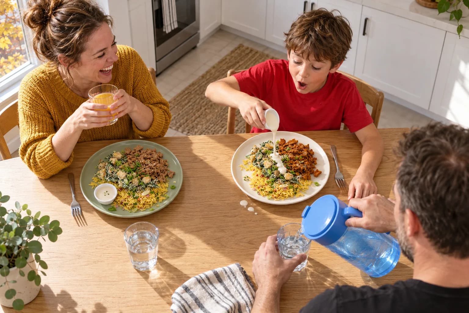 A family at a light oak kitchen table with two donair rice bowls, a boy pouring garlic sauce over his rice while his dad pours water from a blue jug