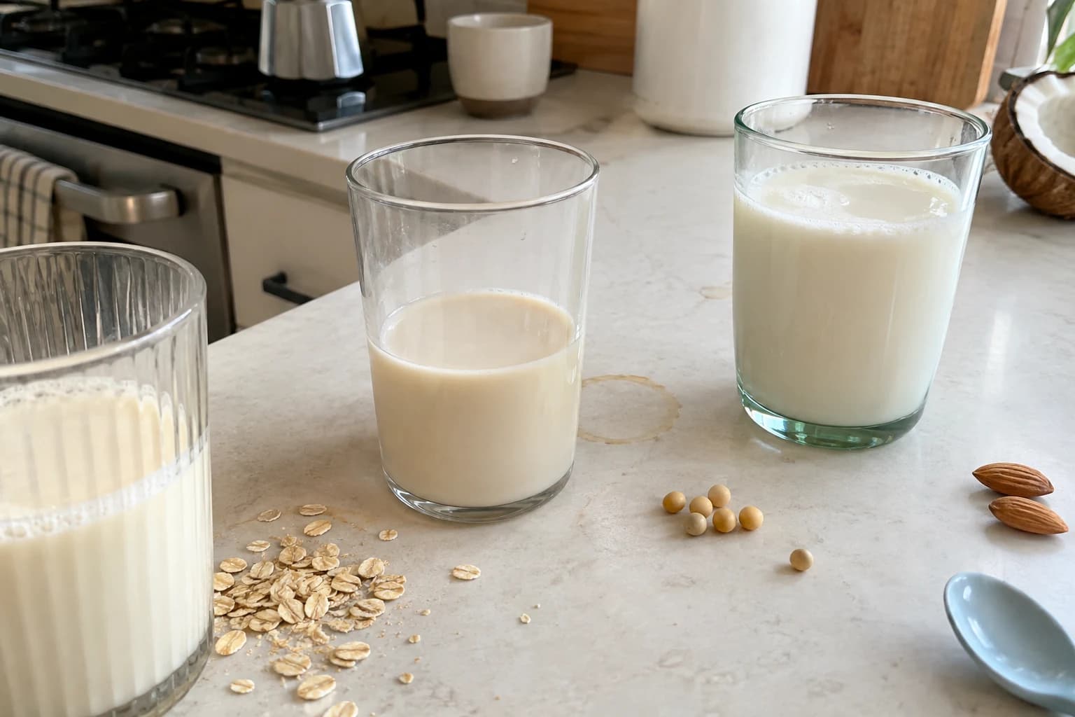 Three mismatched glasses of plant-based milk beside oats, soybeans, almonds and coconut