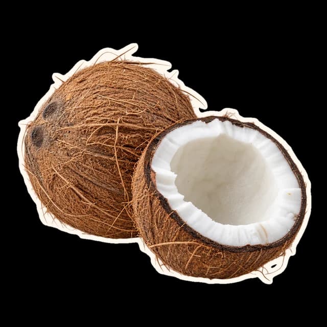 A whole coconut beside a cracked half