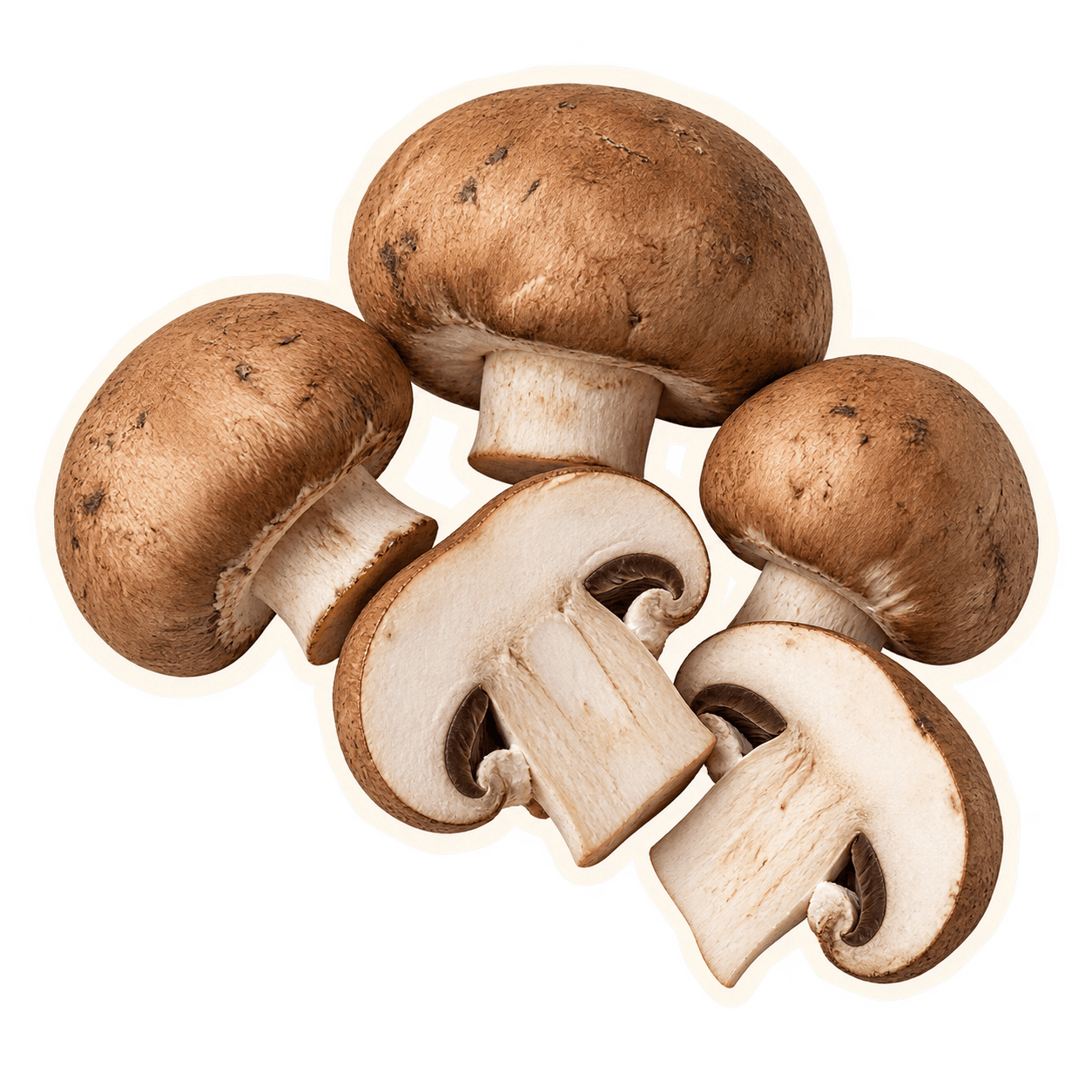 Naturally imperfect cremini mushrooms with an offset cream cut-paper outline