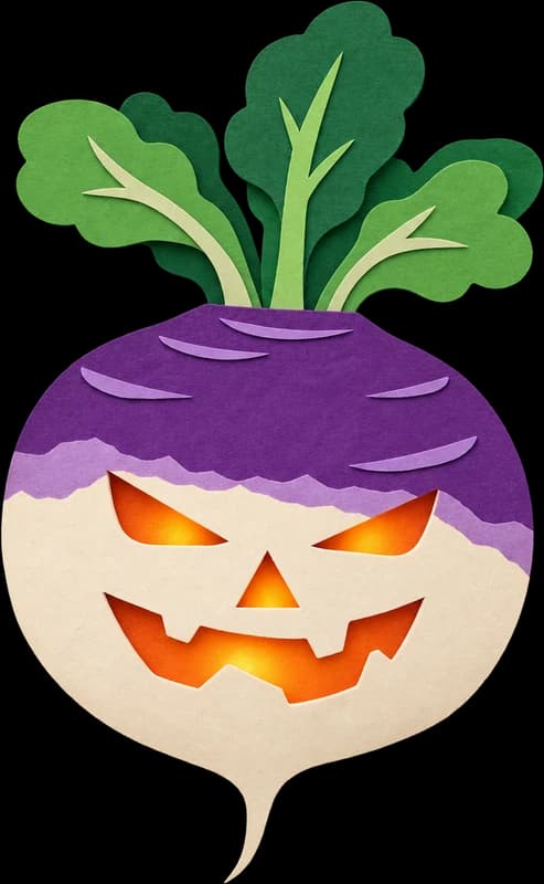 A paper-cut turnip lantern with a purple top, green leaves and a cross face glowing orange