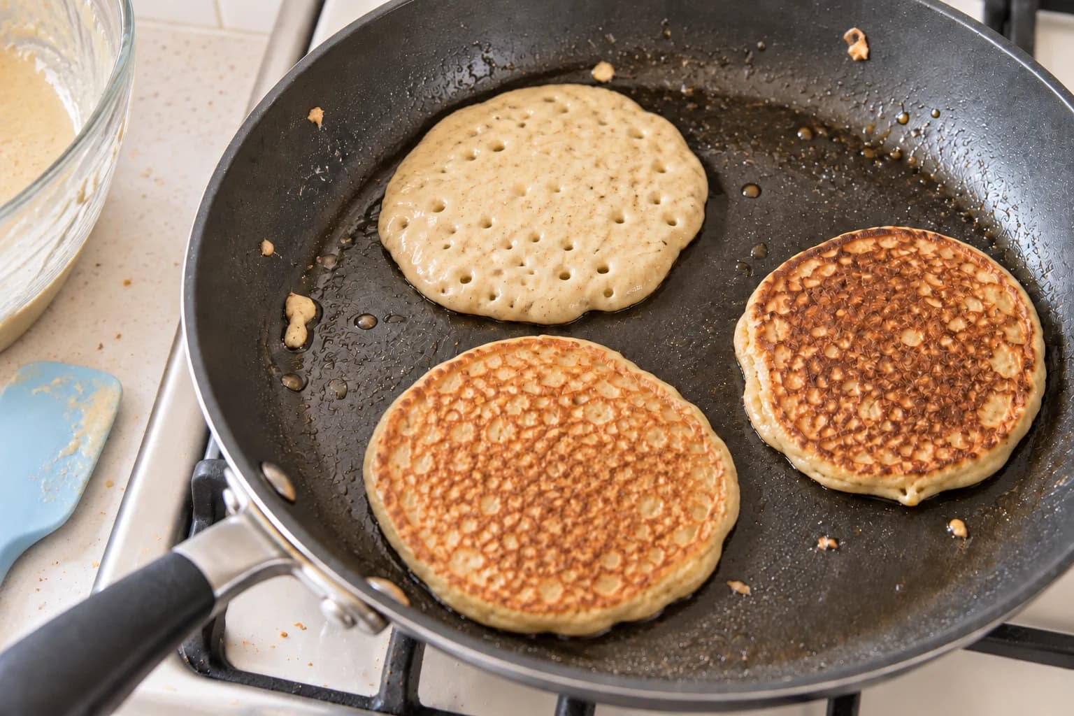 Two browned pancakes and one bubbling pancake cooking in an everyday frying pan