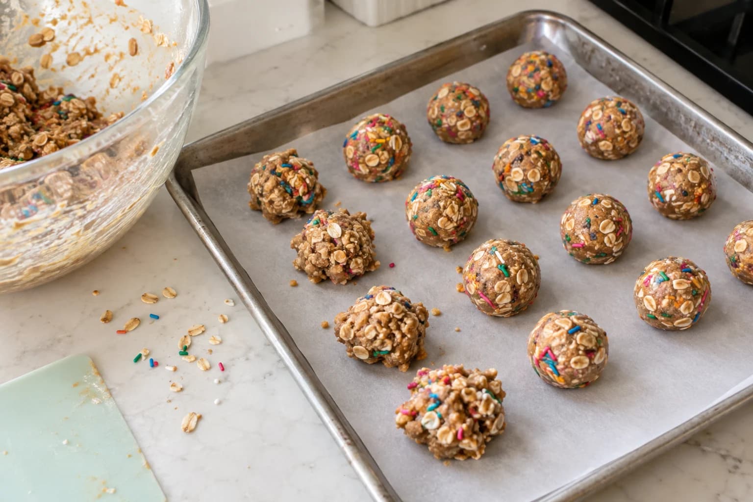 Uneven funfetti protein balls being rolled beside a used mixing bowl