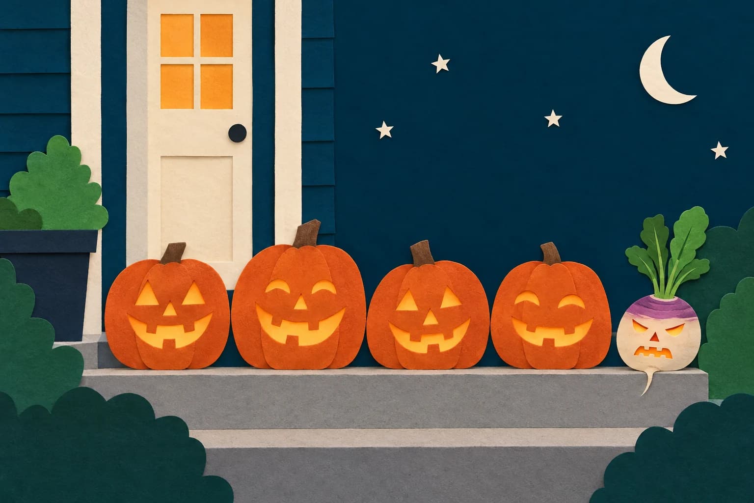 A paper-cut illustration of a front step at night with four grinning carved pumpkins in a row and one small scowling turnip lantern at the end