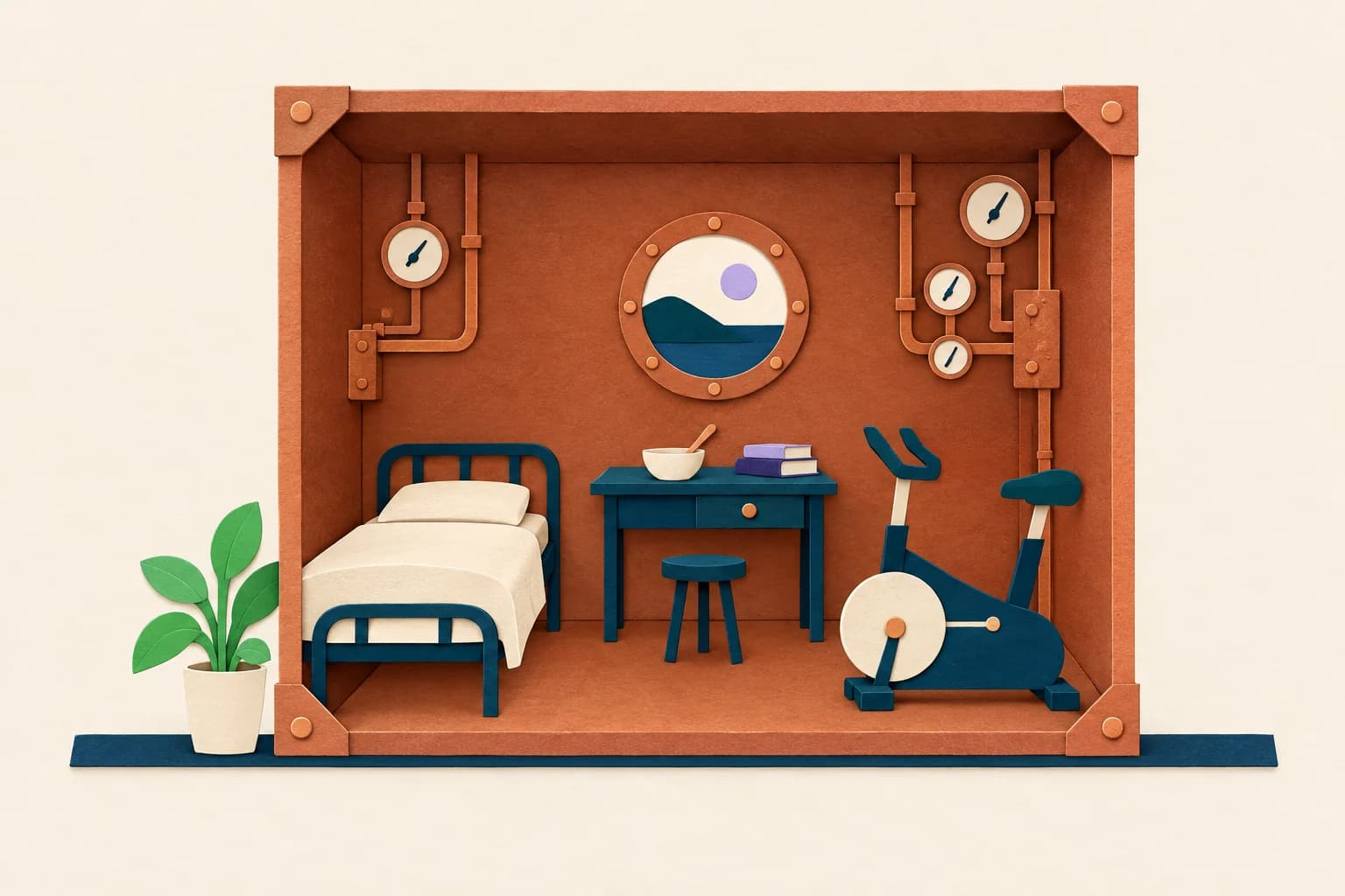 A paper-cut illustration of a small copper room cut away like a dollhouse, with an empty cot, a desk with a bowl, an exercise bike, a round window, and pipes and gauges on the walls
