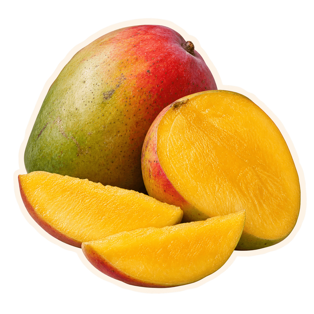 Naturally imperfect mango and golden cut slices with an offset cream cut-paper outline