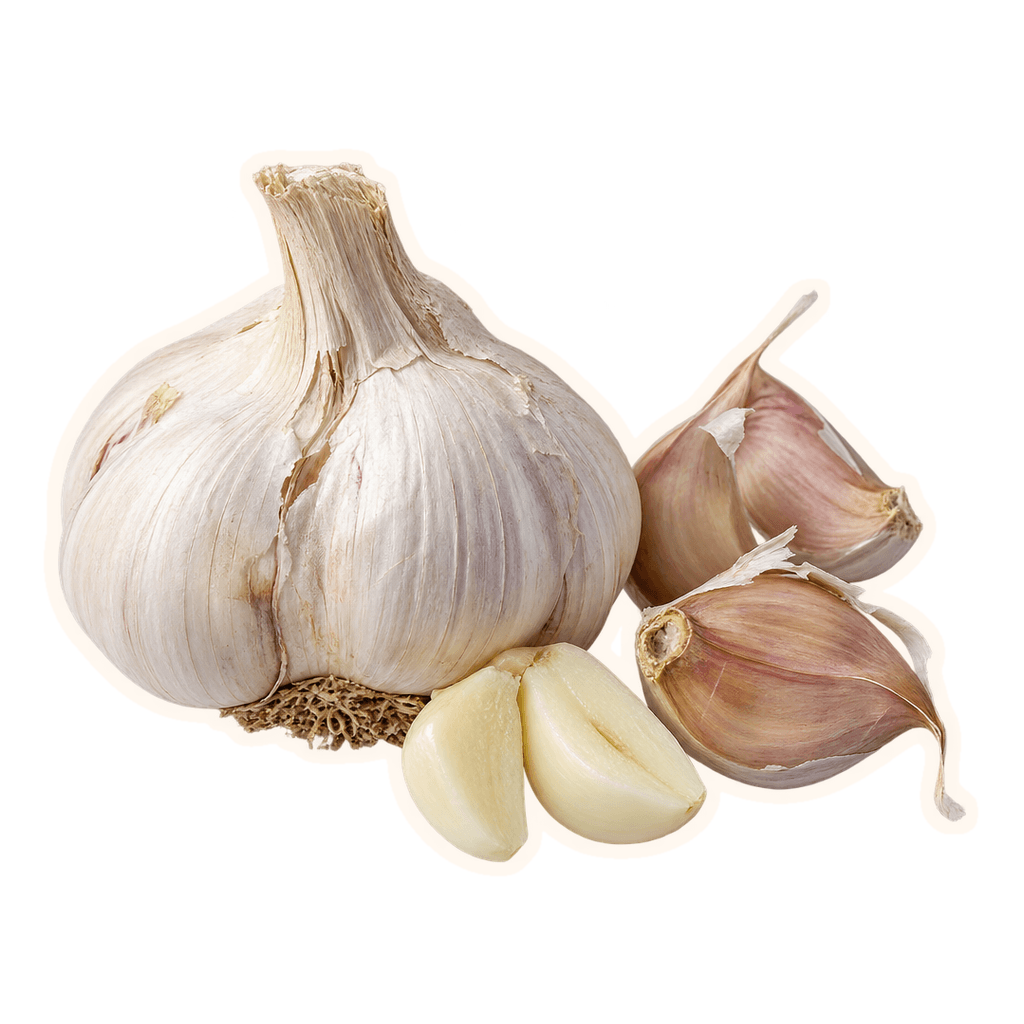 Naturally imperfect garlic with an offset cream cut-paper outline