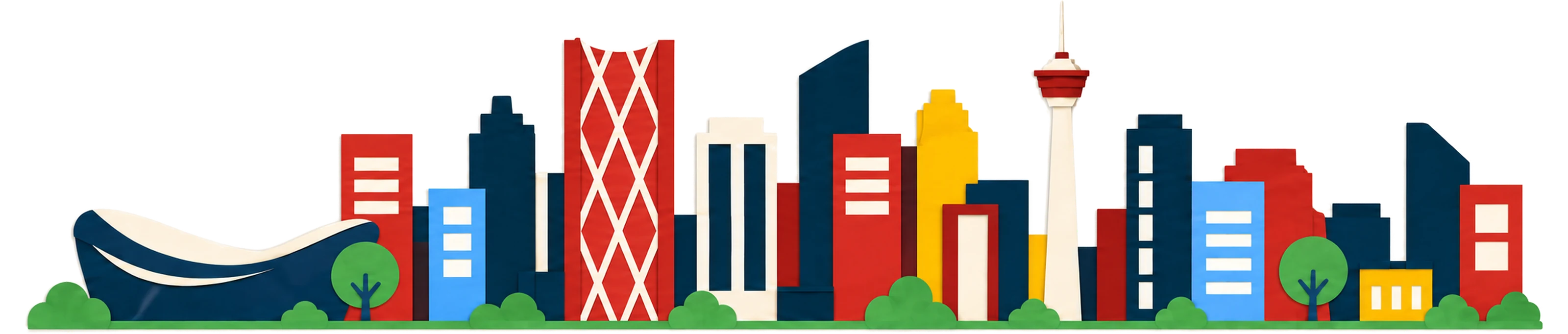Paper-cut Calgary skyline with the Saddledome, the Bow and the Calgary Tower