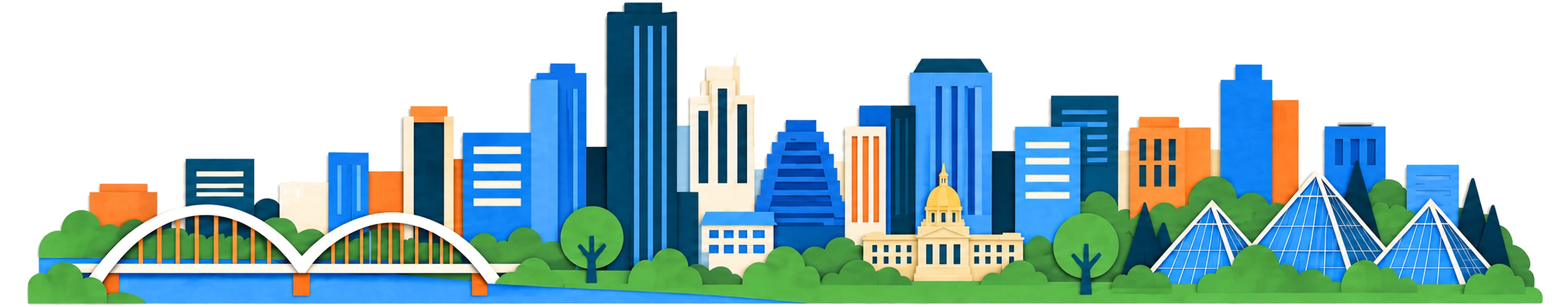 Paper-cut Edmonton skyline with the High Level Bridge, the Legislature and the Muttart pyramids